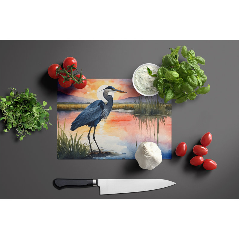 Blue Heron Setting Sun Glass Cutting Board