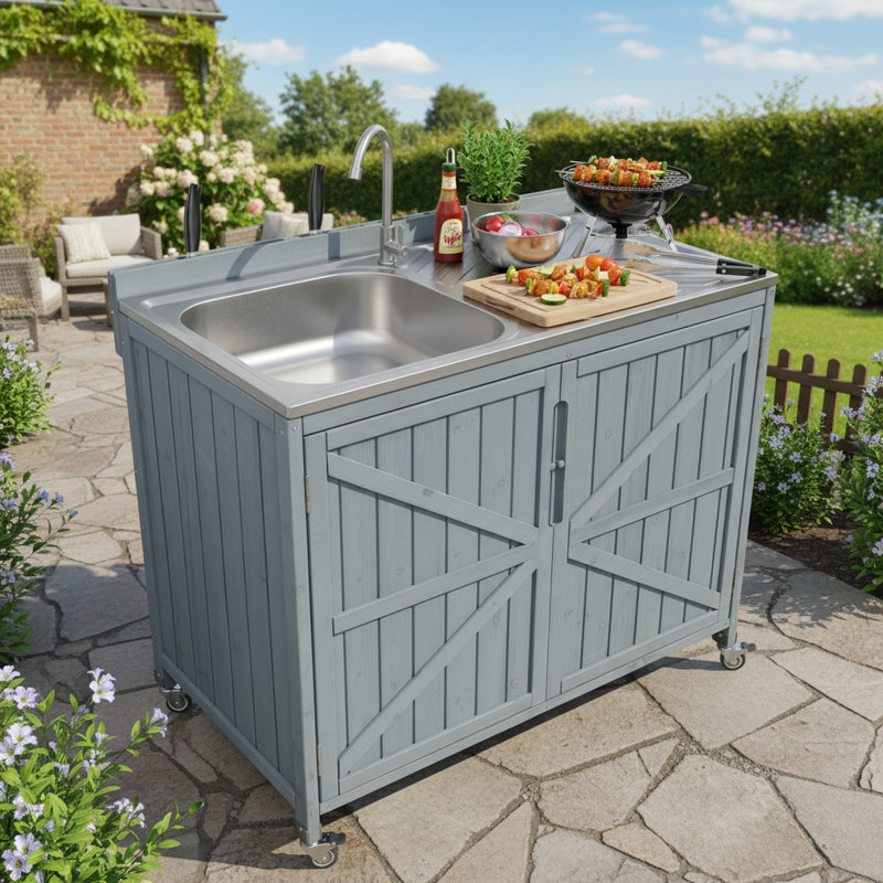Gray Blue Outdoor Prep Sink Island 304 Stainless Steel Sink Faucet Water Baffle 4 Wheels Outdoor Storage Cabinet, Gray-Blue