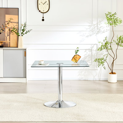 Table de salle à manger 38,5 pouces moderne minimaliste carrée en verre avec base en métal à une colonne. Disponible en noir, or ou argent. Table de salle à manger à domicile. Convient pour 2 à 4 personnes.