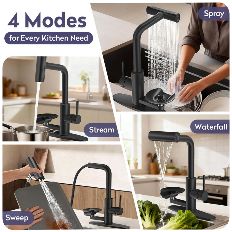 Mate Black Pull Down Kitchen Faucet With Integrated Glass Rinser And Waterfall Mode, Mate Black