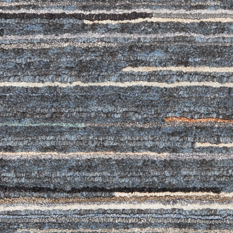 Tapis rayé bleu contemporain fait à la main Rennes, Rectangle 7 pi 9 po x 9 pi 9 po