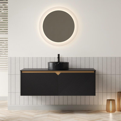 Meuble-lavabo flottant 48 po avec lavabo vasque rond noir, plateau en pierre frittée et portes en sergé - finition noir mat