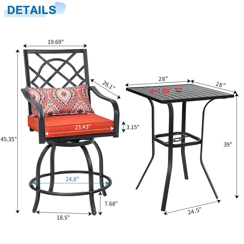 Jayc 2 - Person Square Outdoor Patio Bar Dining Sets with Cushions, Outdooor 3 Pieces Bar Height Dining Set with Swivel Chairs & Metal Slat Table