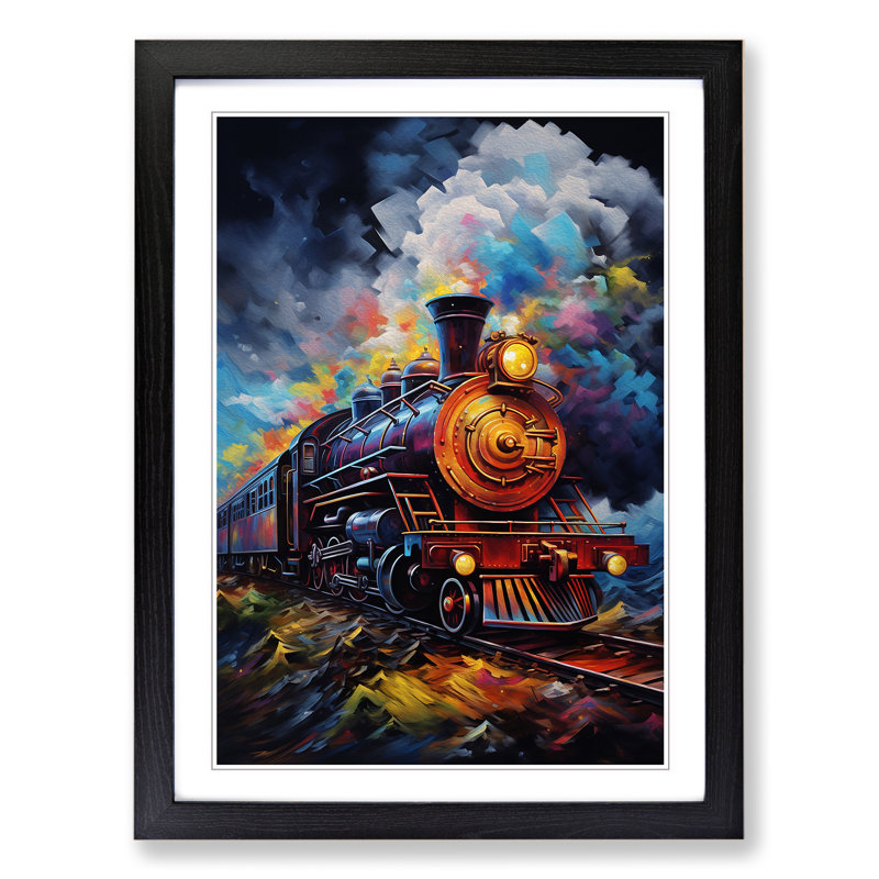 Steam Train Modern - Single Picture Frame Print on Wood, 64cm H x 46cm W x 2cm D, Black