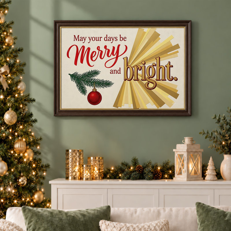 «Merry And Bright Text» avec branche de pin et toile de Noël rouge, H 12 po x l 18 po