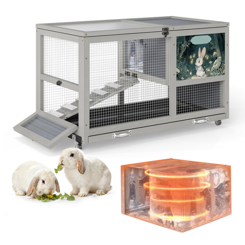 Cage à lapin isolé en bois avec couche chaude en feuille d'aluminium, clapier résistant aux intempéries avec roulettes
