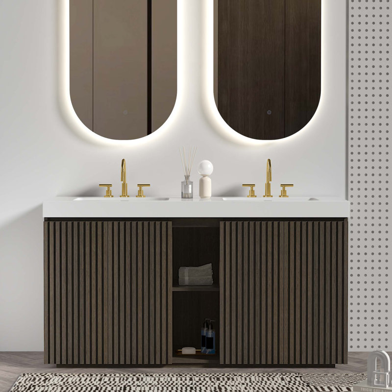 Ensemble de meuble-lavabo autoportant en chêne fumé avec double lavabo et beaucoup de rangement, Blanc