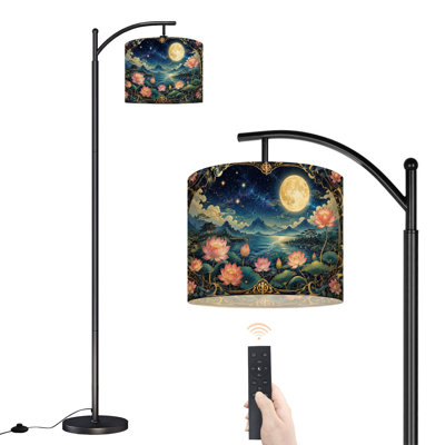  Lampe sur pied Arc Fantasy Lake, pleine lune, fleurs de lotus, cadre décoratif doré, grande lampe sur pied moderne, abat-jour réglable en lin à 3 températures de couleur