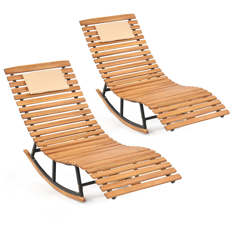 Chaise berçante 2 pièces pour patio en bois d'acacia, avec siège ergonomique et appui-tête amovible