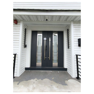Porte d'entrée extérieure prémontée en acier Deux 0757 Gris Graphite, 2 fenêtres latérales extérieures, inserts en acier inoxydable, style moderne, peinte - L 16 + 36 + 16 x H 80 - Ouverture à gauche vers l'intérieur