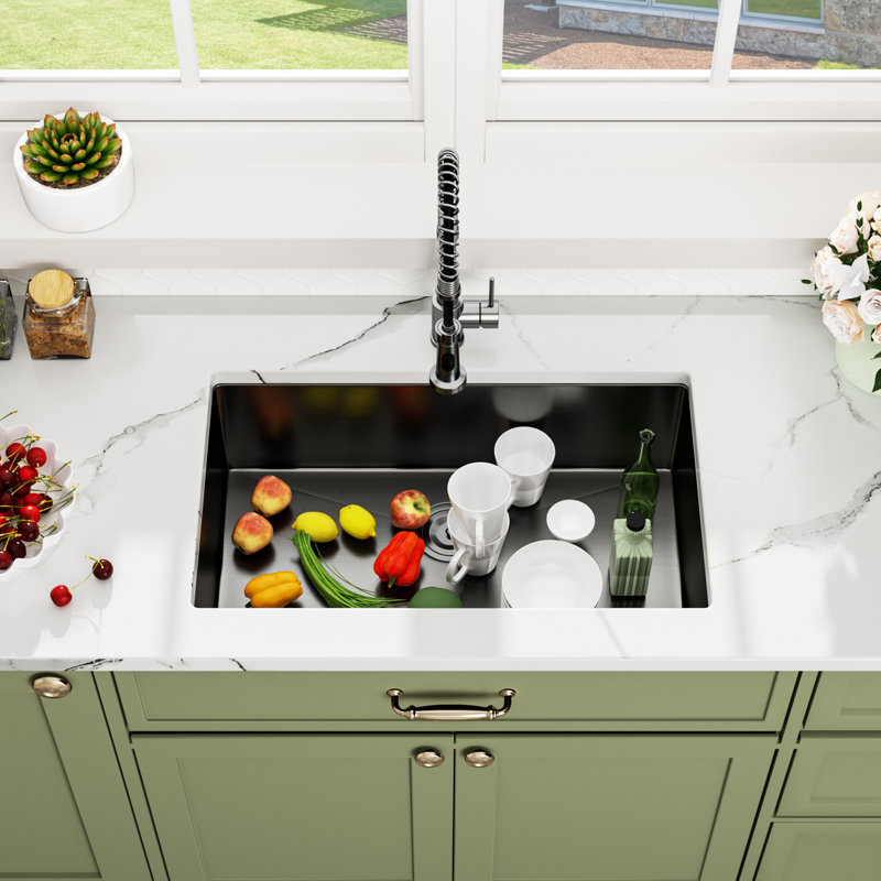 Undermount Kitchen Sink 16G Single Basin Kitchen Sink with Basket Strainer and Bottom Grid, Gunmetal Black