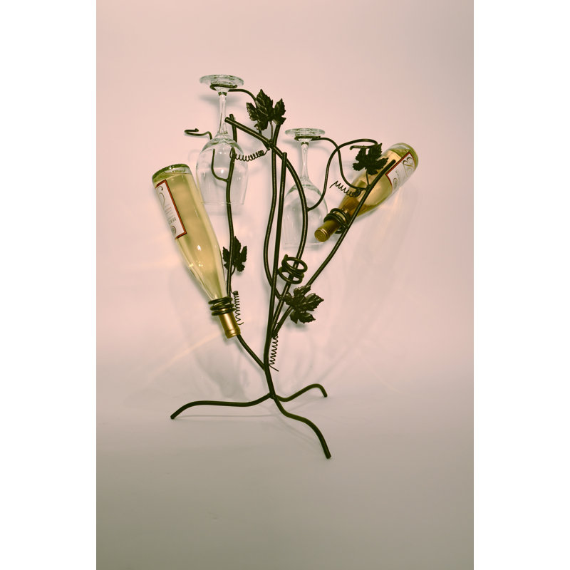 French Vinyard 3 Bottle Tabletop Wine Bottle & Glass Rack in Green