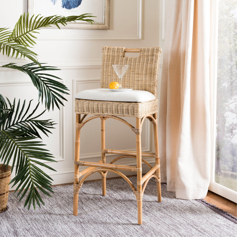 Tabouret de bar rembourré Evins avec structure en bois massif,  Blanc / naturel