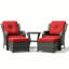 Ensemble de patio en osier 5 pièces 5 pièces, 2 chaises, 2 repose-pieds et table d'appoint avec coussins rouges-1802241151