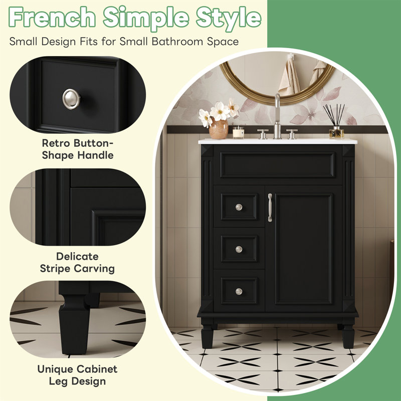 24"W Freestanding Single Bathroom Vanity with Ceramic Sink Top and Soft-Close Cabinet, Black/Silver