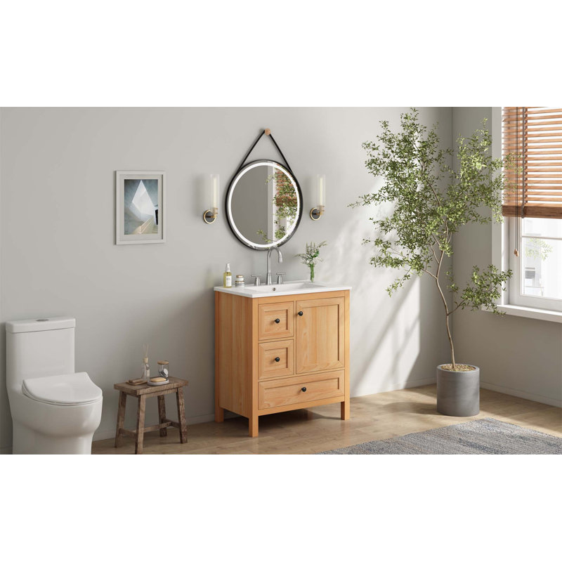 Meuble-lavabo 30 po à grain de bois avec lavabo en céramique, pieds en bois massif, tablette réglable, porte et tiroirs à fermeture en douceur, support de rangement, conception à dossier ouvert