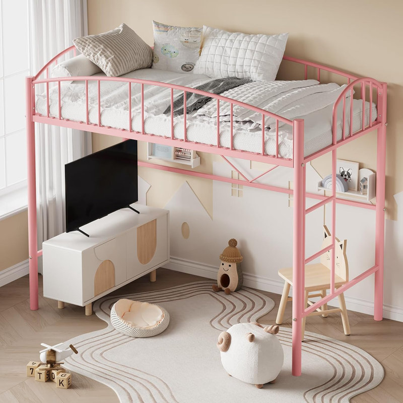 Lit mezzanine simple en métal avec échelle et garde-corps arqué, peu encombrant, rose, Rose