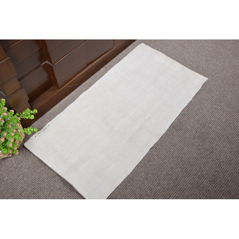 Antique Handwoven White Turkish Kilim Rug - Small Vintage Hemp Anatolian Door Mat