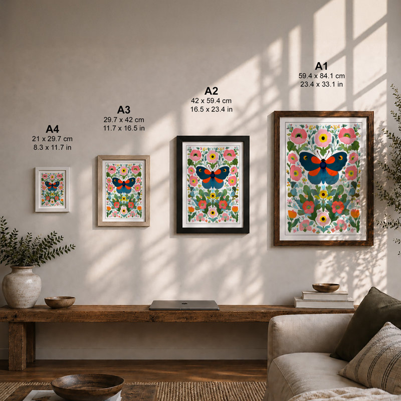Ornamental Butterfly And Blooms Boho - Print, A2 - 59.4 x 42.0 cm, White