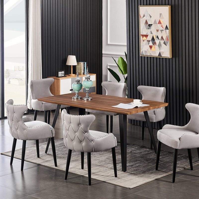 Ricky 6 Person Dining set - a Rectangular Wooden Dining Table with Metal Legs and a Set of 6 Quilted Velvet Dining Chairs for Dining Room - Modern Dining Table Set