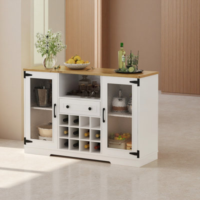 Armoire à vin avec abattant, armoire pliante en mélamine avec cubes à vin et 2 portes en verre ondulé, lumière DEL à contrôle multiple, armoire de ferme pour salle à manger, salon