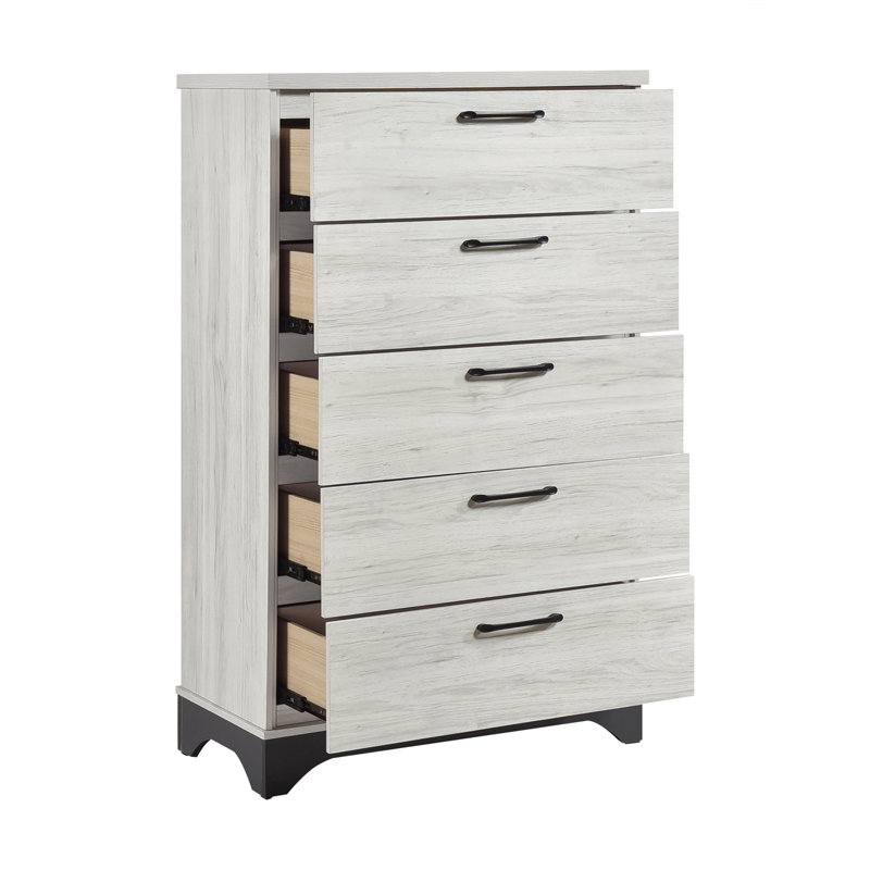 Commode de chambre contemporaine à 2 tiroirs en chêne blanc et gris à 5 tiroirs avec 1 tiroir