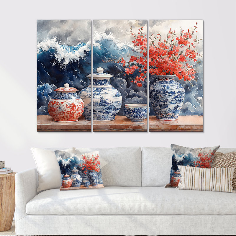Poterie de chinoiserie dans des tons bleus et blancs II - Boho, H 28 po x l 36 po x P 1 po, Toile tendue