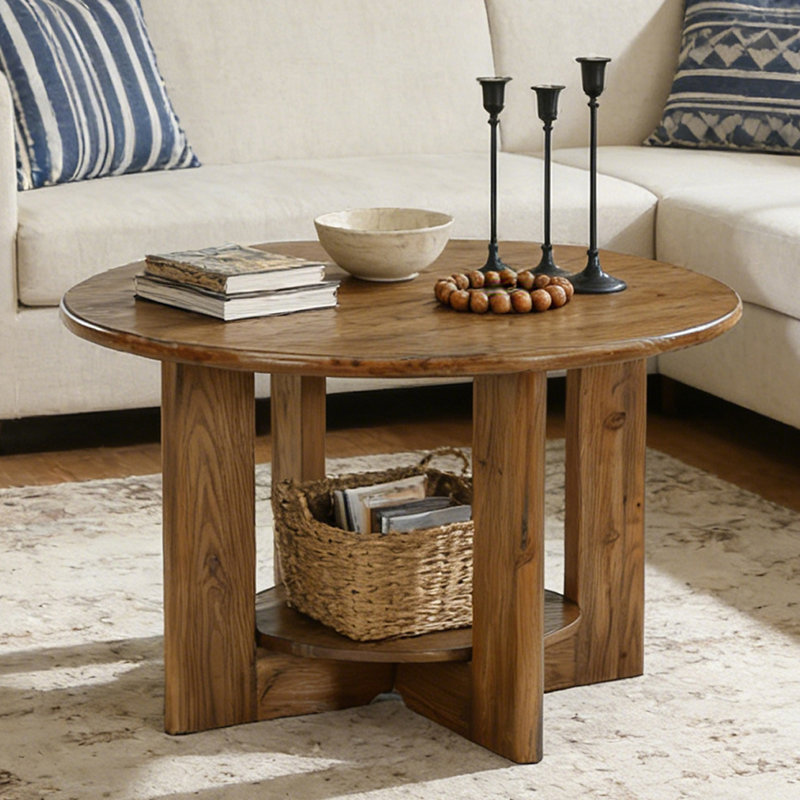 Solid Wood Round Coffee Table With 2-tier Storage