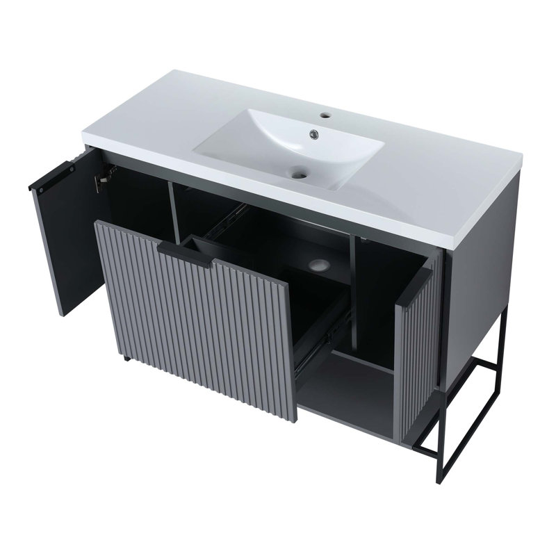 Meuble-lavabo autoportant de 48 pouces avec lavabo en résine, Gris / Noir