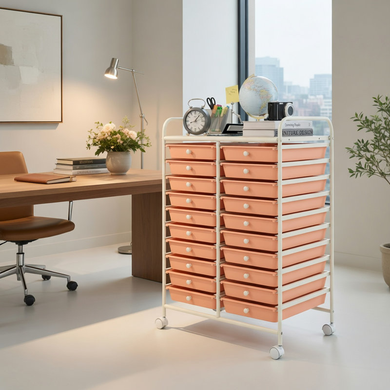  Chariot de rangement roulant à 20 tiroirs avec roues verrouillables, organisateur de studio pour la maison, le bureau et le garage, cadre beige, pêche