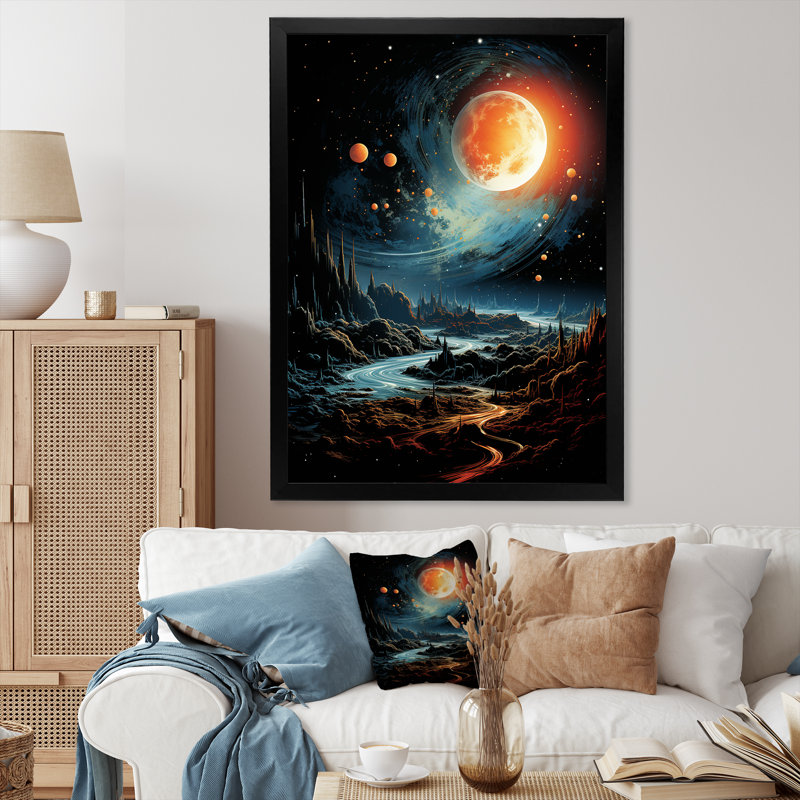 Orange et vert, planète I, espace, art mural, Cadre simple noir, H 32 po x l 16 po x P 1 po
