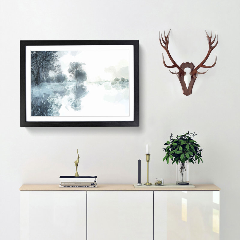 Trees Reflecting in a Lake at Winter in Abstract - Picture Frame Graphic Art Print, 35cm H x 50cm W x 2cm D, Black
