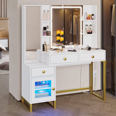 43.3W Makeup Vanity White Vanity Desk with Hidden Storage Shelves