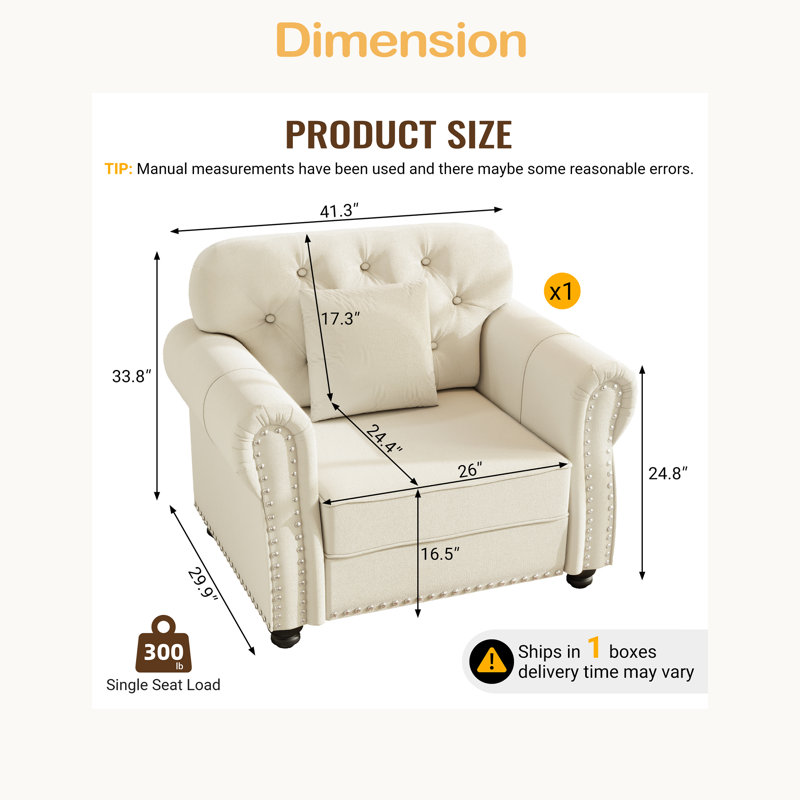 Canapé Chesterfield de 41,3 po en velours avec garniture cloutée et accoudoirs roulés, canapé de style Mid-Century moderne capitonné, comprenant 1 oreiller