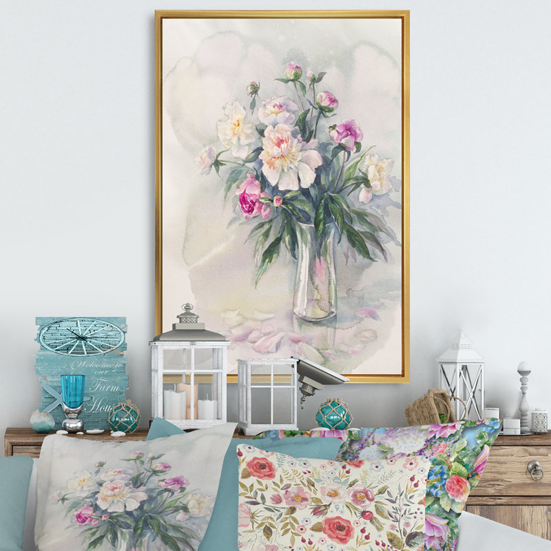 Bouquet abstrait de pivoines blanches II - reproduction d'art sur toile, H 12 po x l 8 po x P 1 po, Cadre flottant doré