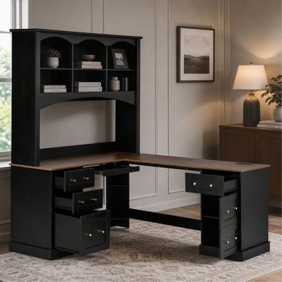 Bureau en L en coin avec huche arquée, station de charge et plateau à clavier