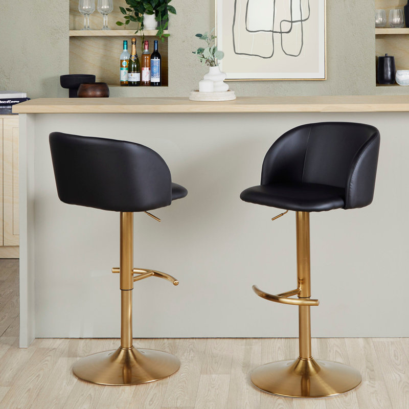 Tabouret de bar réglable en métal doré et similicuir noir avec repose-pieds arrondi en T - ensemble de 2, Doré