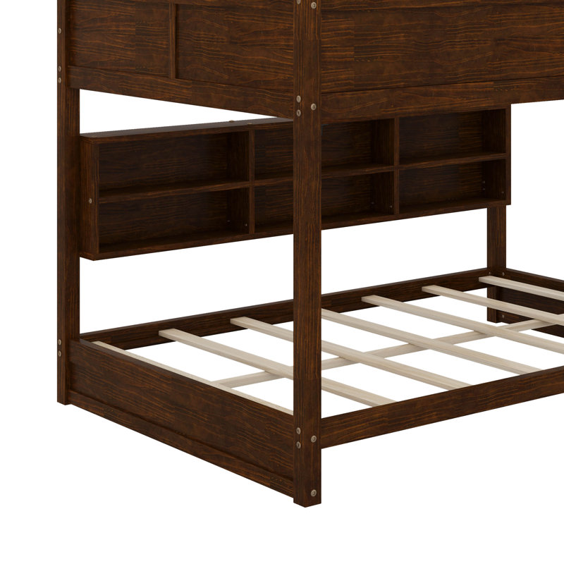 Queen Over Queen Bunk Bed With Built-In Storage Cabinets,Charging Station,Ladder And Safety Guardrails, Brown
