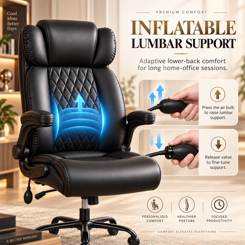 Ergonomic Executive Office Chair with Adjustable Air Lumbar Support, 5" Spring Cushion, 500 lb Capacity, Flip-Up Arms & Reclining High Back
