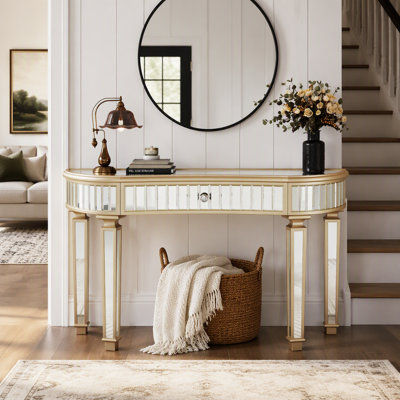 Console demi-lune à miroir avec tiroir en verre cannelé et bouton en cristal, coiffeuse d'entrée