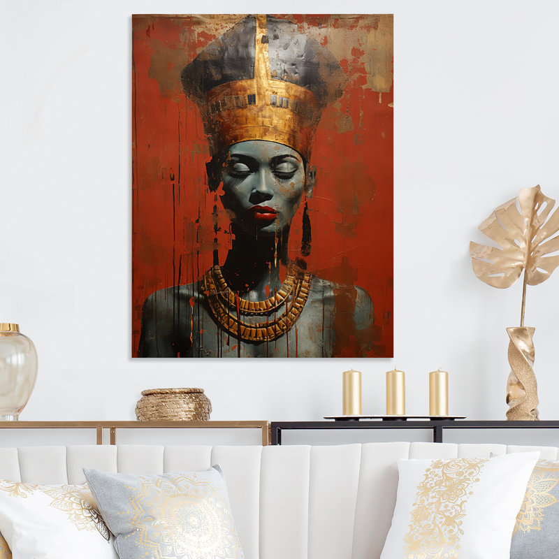 Diva afro-américaine dorée et rouge - art mural égyptien en métal, H 40 po x l 30 po x P 1,5 po