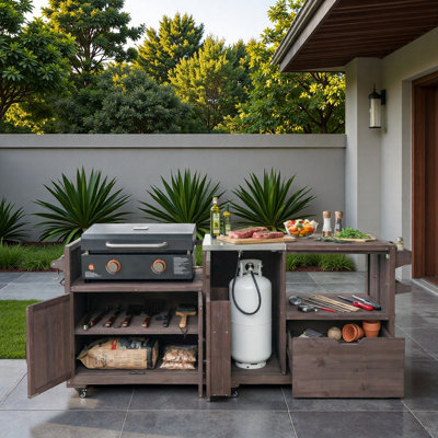 Outdoor Kitchen Island With Stainless Steel Top, Drawer, Adjustable Side Table, Paper Towel Rack And Spice Rack