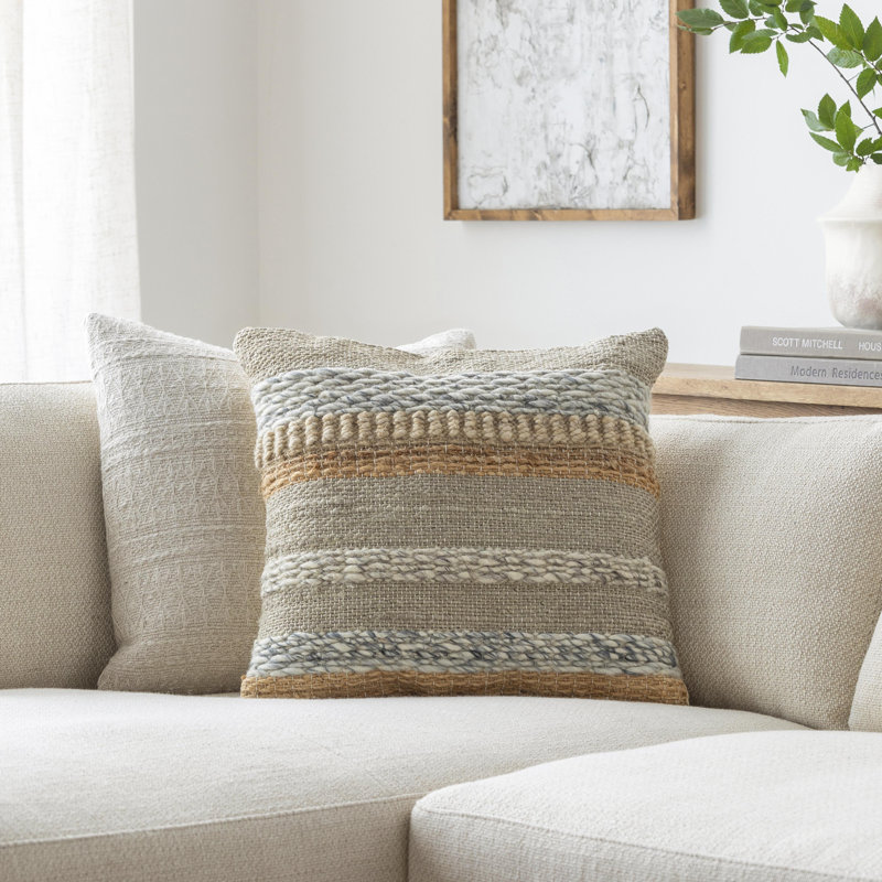 Boundary Striped Beige and Cream Jute Cotton Wool Pillow