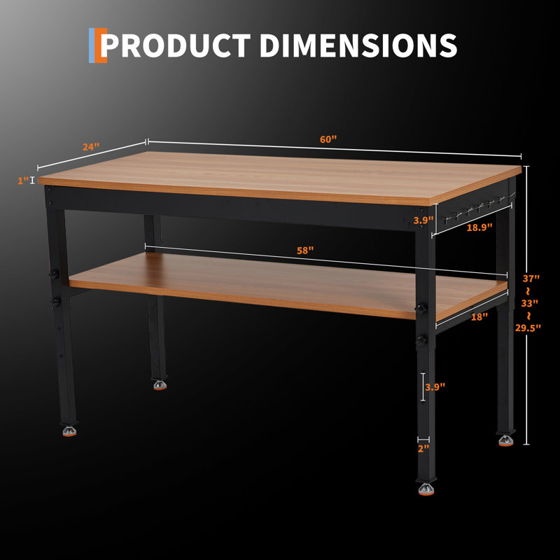 Établi réglable 60 "/ 48" - capacité 2000/500 LBS robuste, avec prise de courant et tablette de rangement - pour le garage, l'atelier et la maison