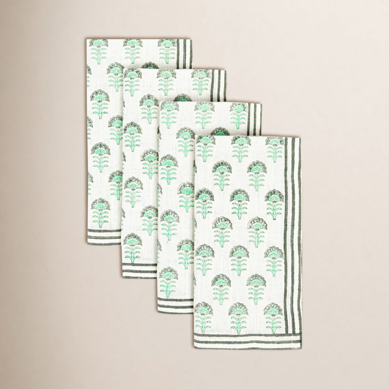over&back Hand-Blocked Napkins, Set of 4, Green Flower