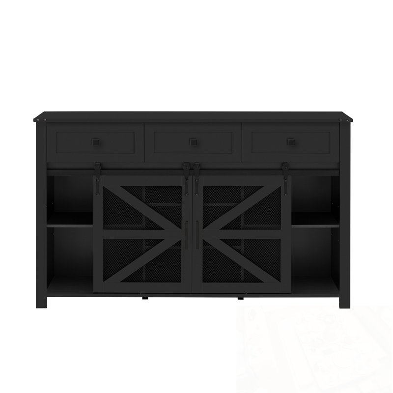 Huntingdon avec 3 tiroirs, tablettes réglables et porte de grange coulissante, Noir