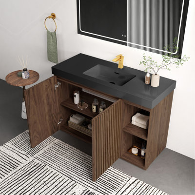 Meuble-lavabo de salle de bain avec lavabo, grand meuble-lavabo autoportant avec rangement pour salle de bain moderne, lavabo à une pièce en quartz noir sans drain ni robinet