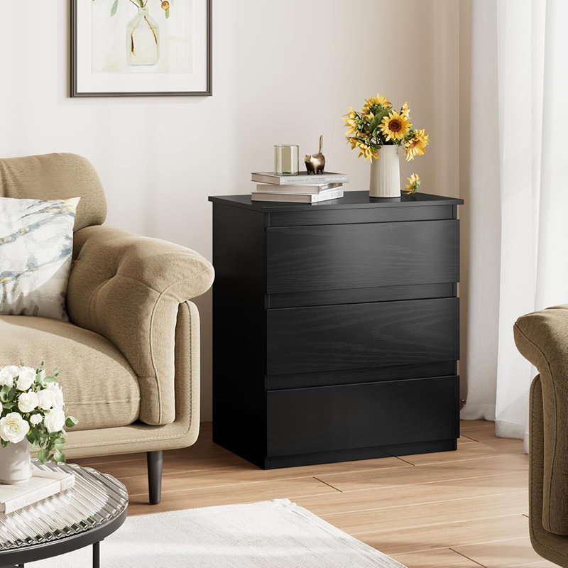 Table de chevet noire avec 3 tiroirs, table d'appoint avec tiroirs pour la chambre à coucher