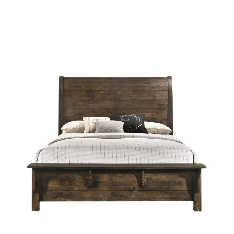 Grand lit Blie avec banc de pied de lit intégré, bois massif brun rustique, Grand