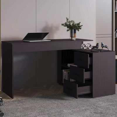 Bureau en L Wengé avec 3 tiroirs et espace de rangement